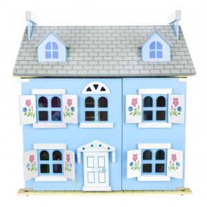 Drewniany domek dla lalek - alpejska willa niebieska