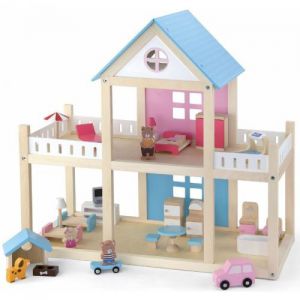 Drewniany domek dla lalek,mebelki i lalki  viga